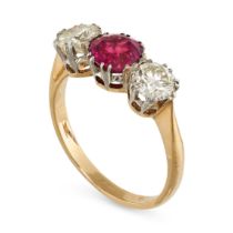 A RUBY AND DIAMOND THREE STONE RING in 18ct yellow gold, set with a round cut ruby of 1.35 carats,