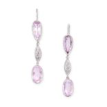 A PAIR OF PINK TOPAZ AND DIAMOND DROP EARRINGS set with a pear shape and oval cut pink topaz