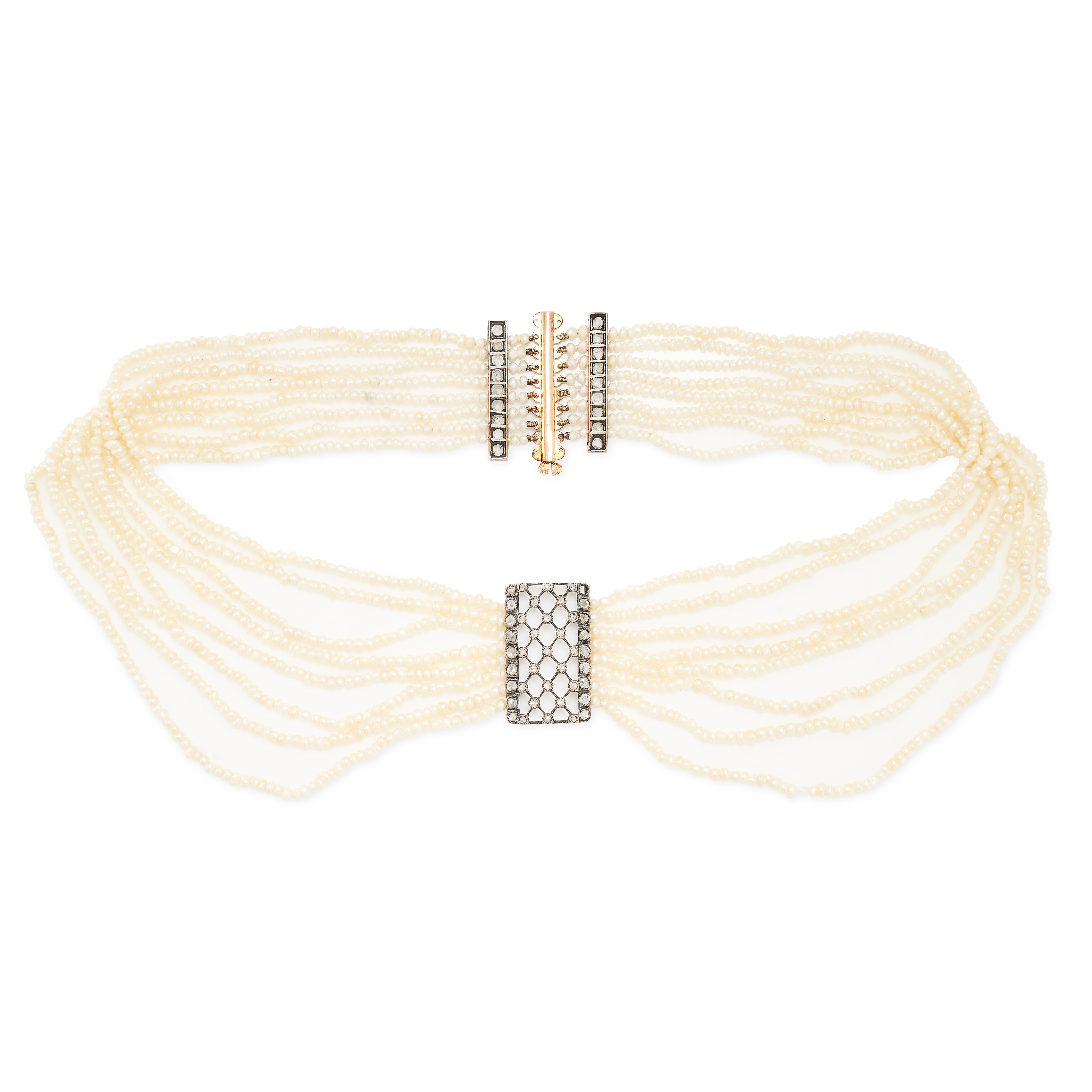 A PEARL AND DIAMOND CHOKER NECKLACE in yellow gold, comprising eight rows of seed pearls, the