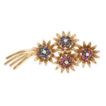 NO RESERVE - A VINTAGE GEMSET FLOWER SPRAY BROOCH in 18ct yellow gold, designed as a bouquet of