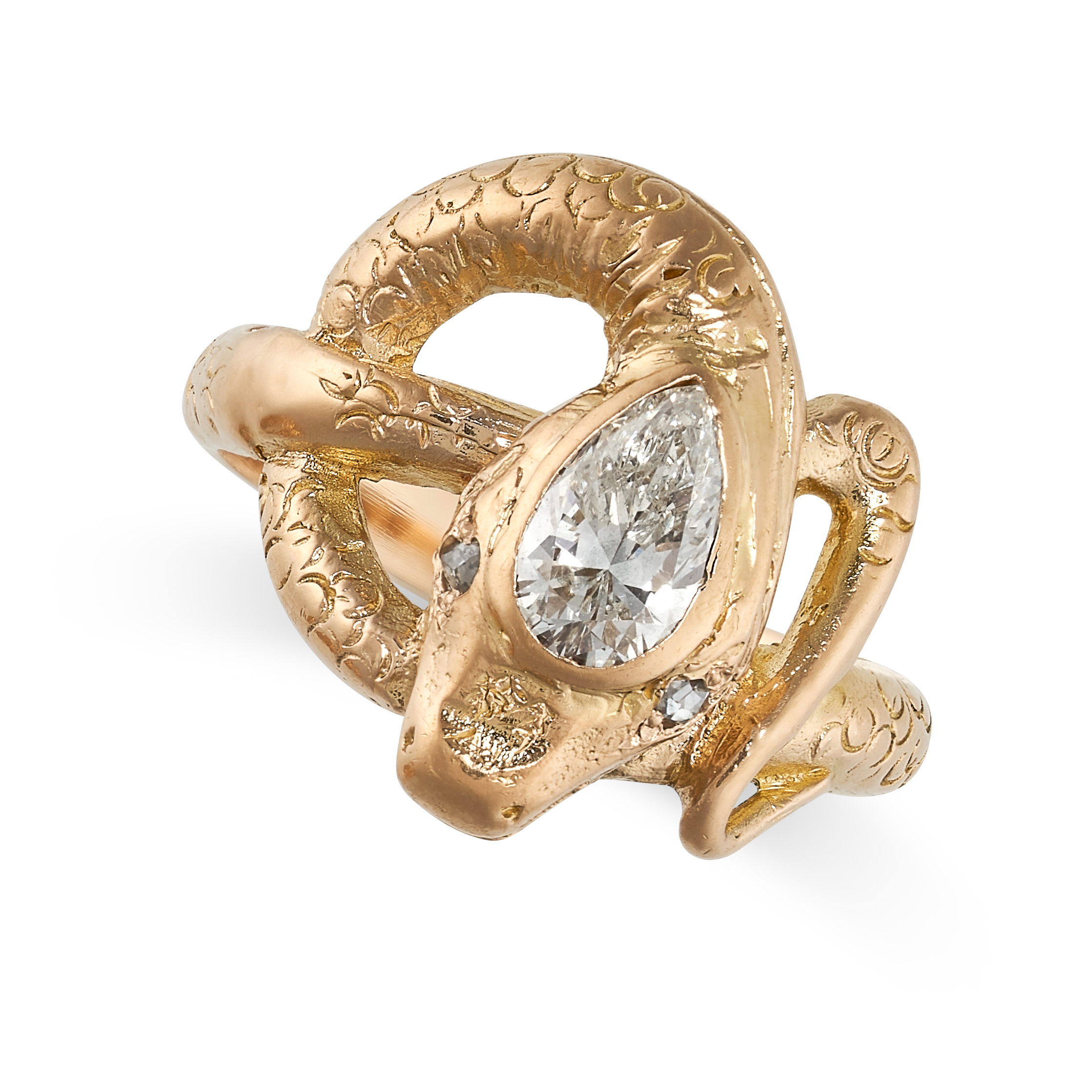 A DIAMOND SNAKE RING in 18ct yellow gold, designed as a coiled snake, set with a pear cut diamond of