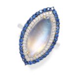 A MOONSTONE, SAPPHIRE AND DIAMOND RING in 18ct white gold, set with a cabochon moonstone totalling