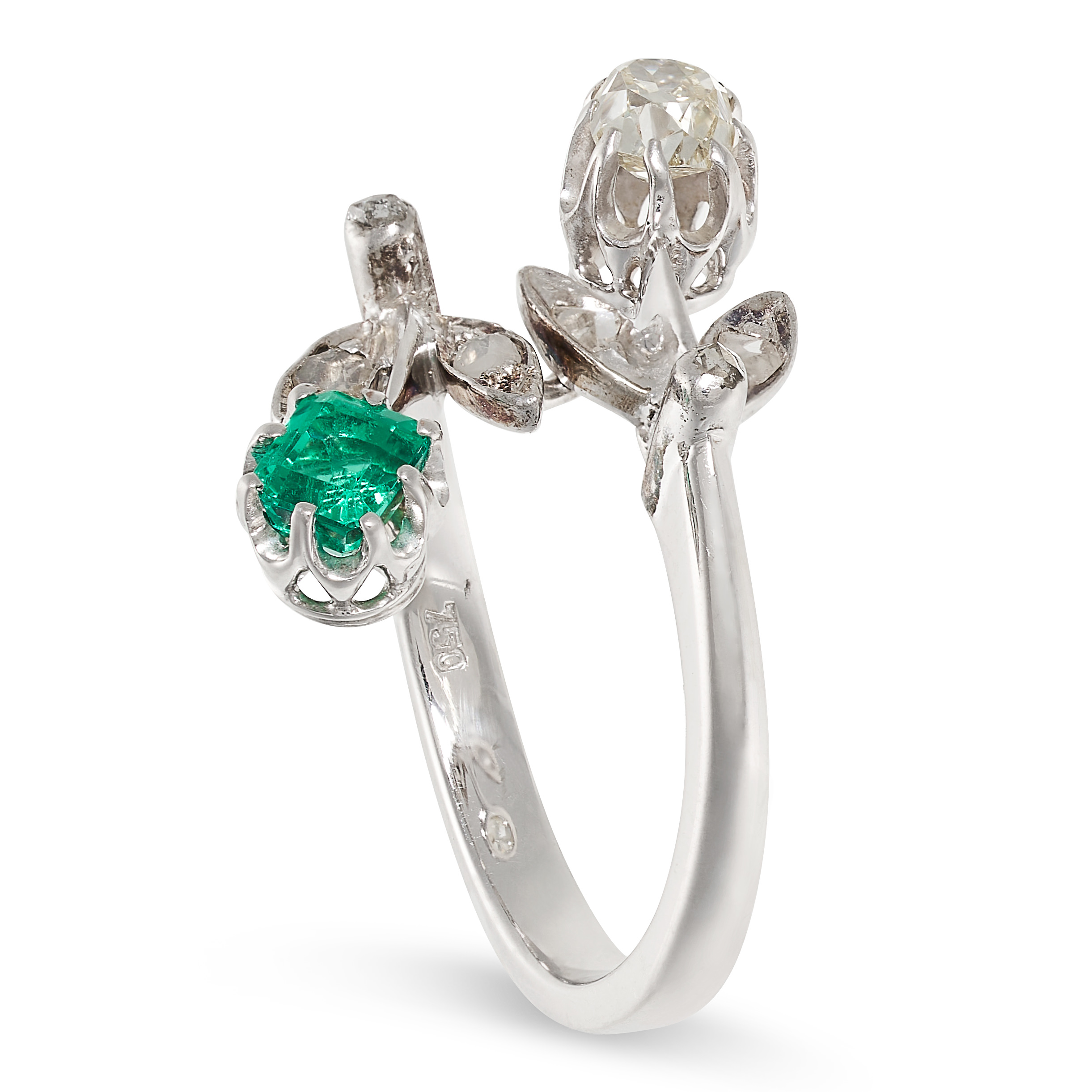 AN EMERALD AND DIAMOND RING in 18ct white gold, in foliate design, set with a step cut emerald of - Image 2 of 2