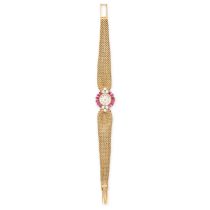 MATHEY TISSOT, A VINTAGE RUBY AND DIAMOND COCKTAIL WATCH in 18ct yellow gold, the circular dial
