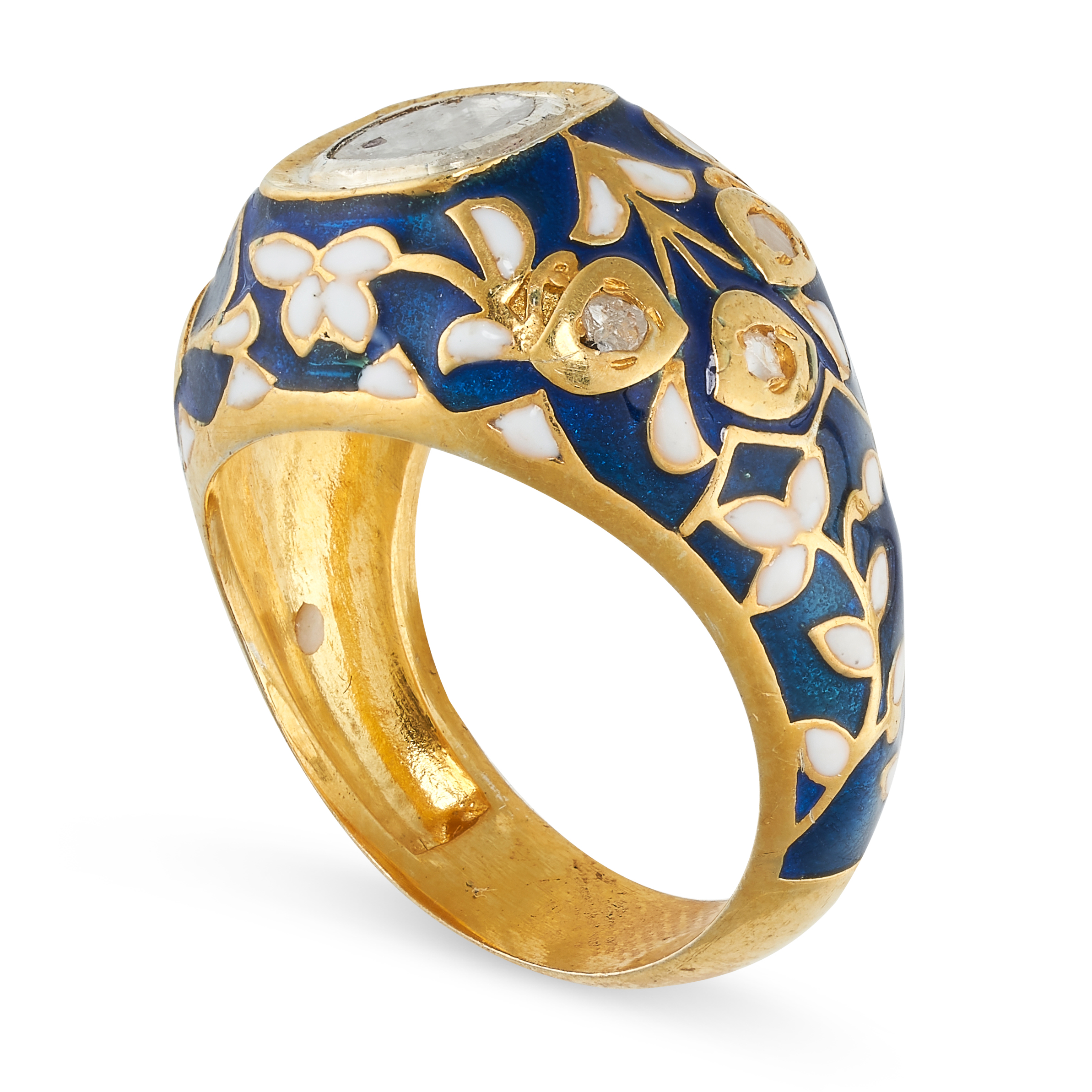 A DIAMOND AND ENAMEL RING set with a flat cut diamond in a border of blue and white enamel, accented - Image 2 of 2
