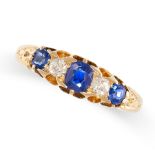 AN ANTIQUE SAPPHIRE AND DIAMOND RING in 18ct yellow gold, set with alternating cushion cut sapphires