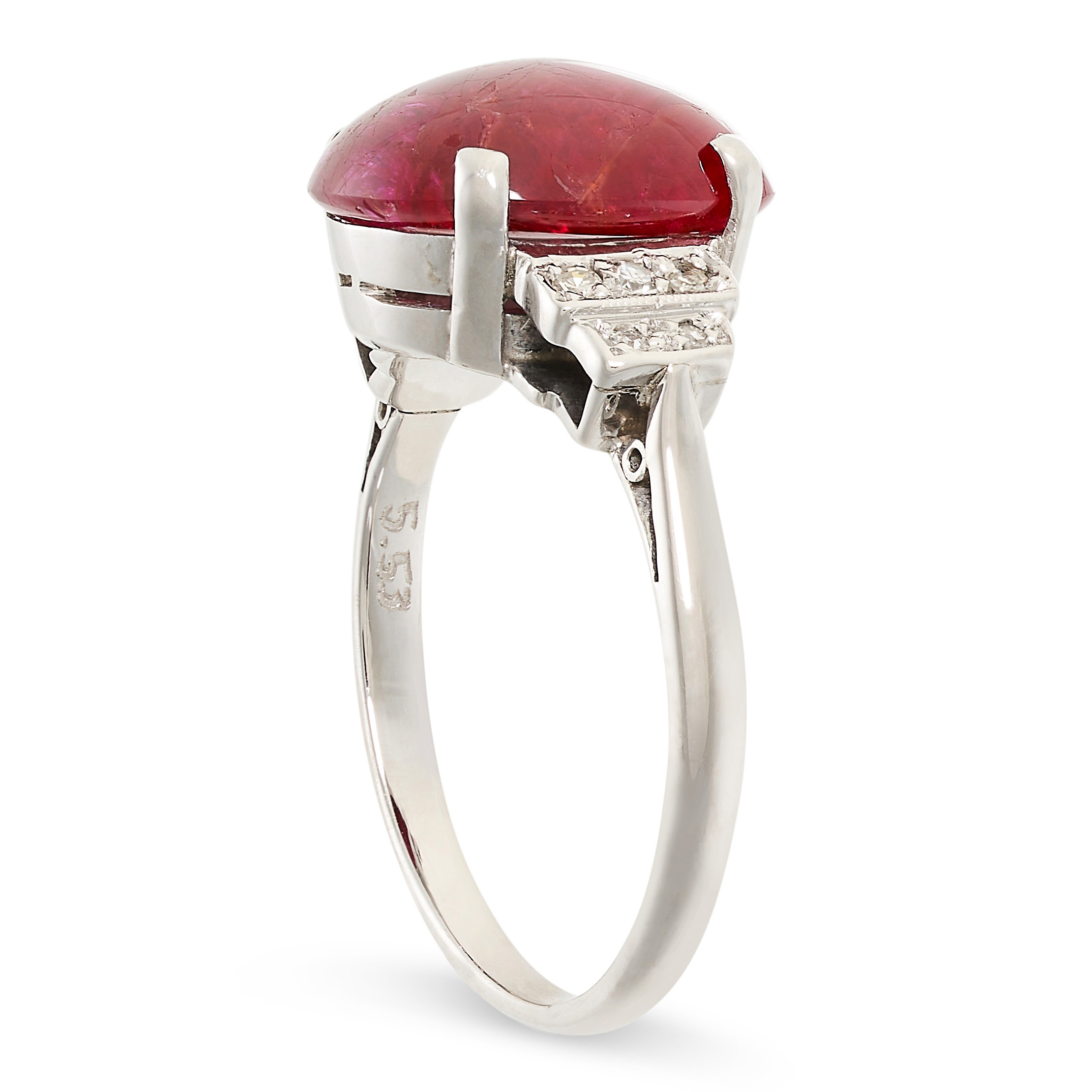 AN UNHEATED RUBY AND DIAMOND RING set with a cabochon ruby of 5.53 carats, accented by round cut - Image 2 of 2