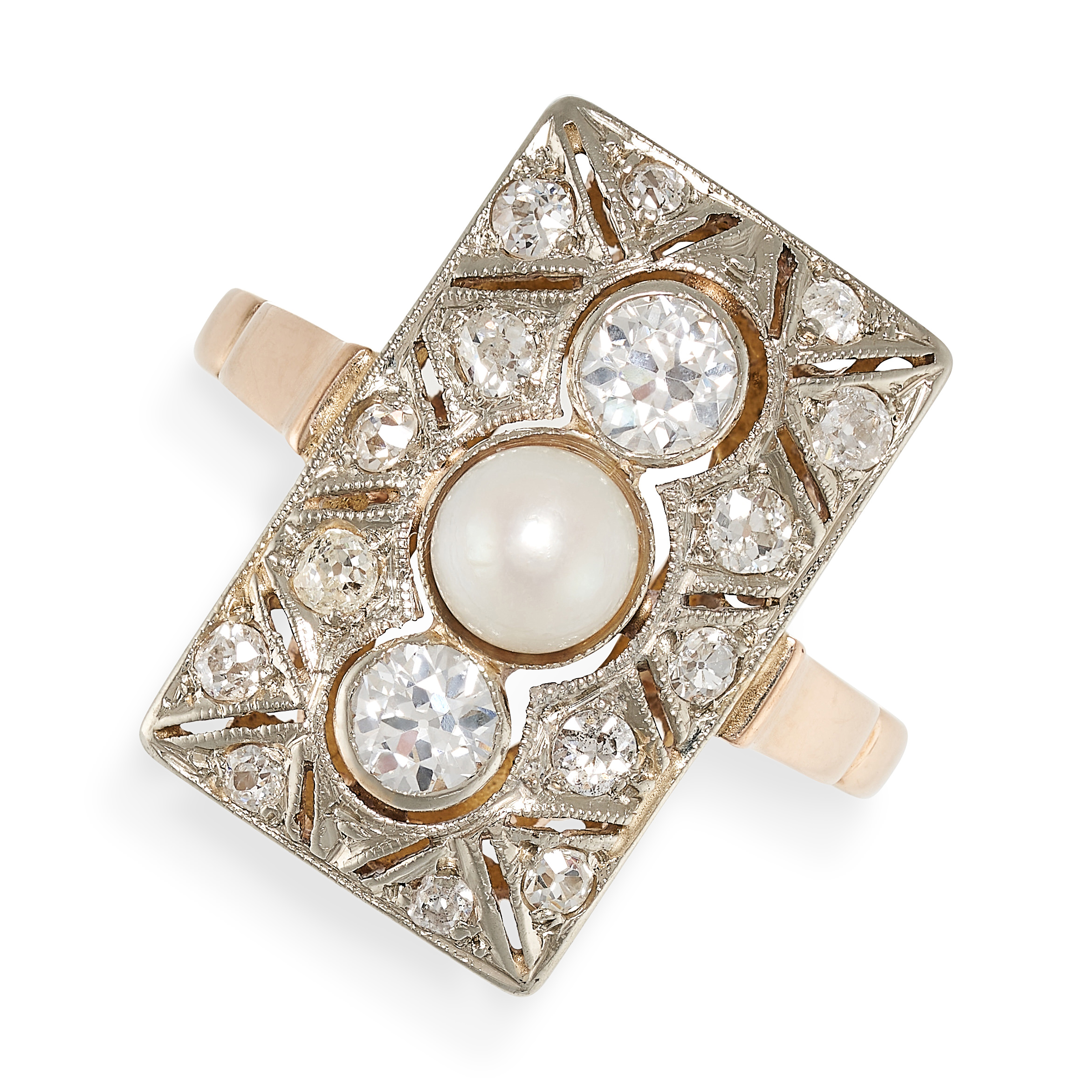 A PEARL AND DIAMOND RING in 14ct yellow gold and white gold, the rectangular face set with a central