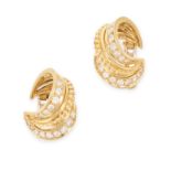 A PAIR OF DIAMOND CLIP EARRINGS each designed as a stylised hoop, accented by two rows of round