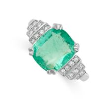 AN EMERALD AND DIAMOND DRESS RING set with a cushion cut emerald of 2.19 carats, between stepped