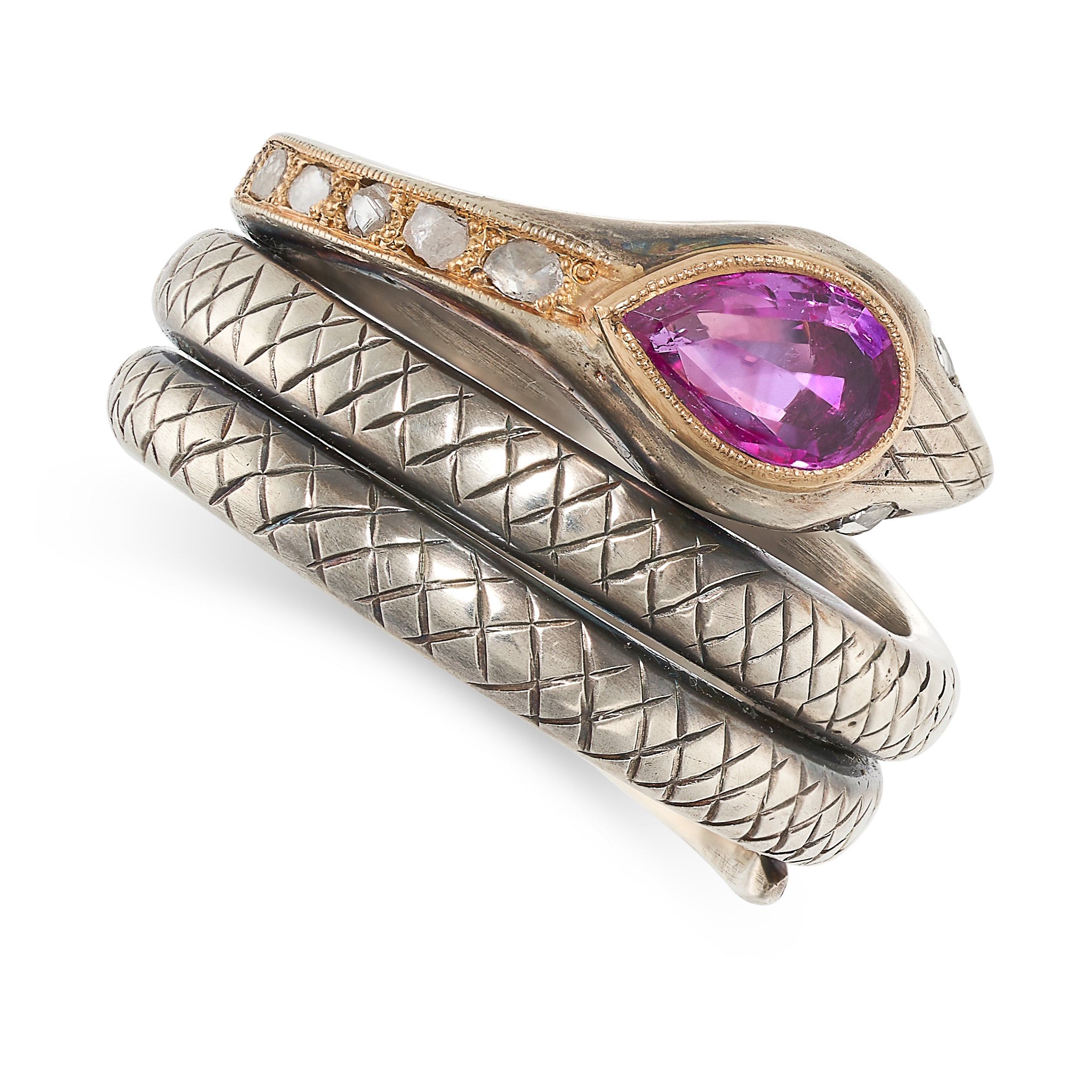 A PINK SAPPHIRE AND DIAMOND SNAKE RING set to the head with a pear shape pink sapphire of 0.97