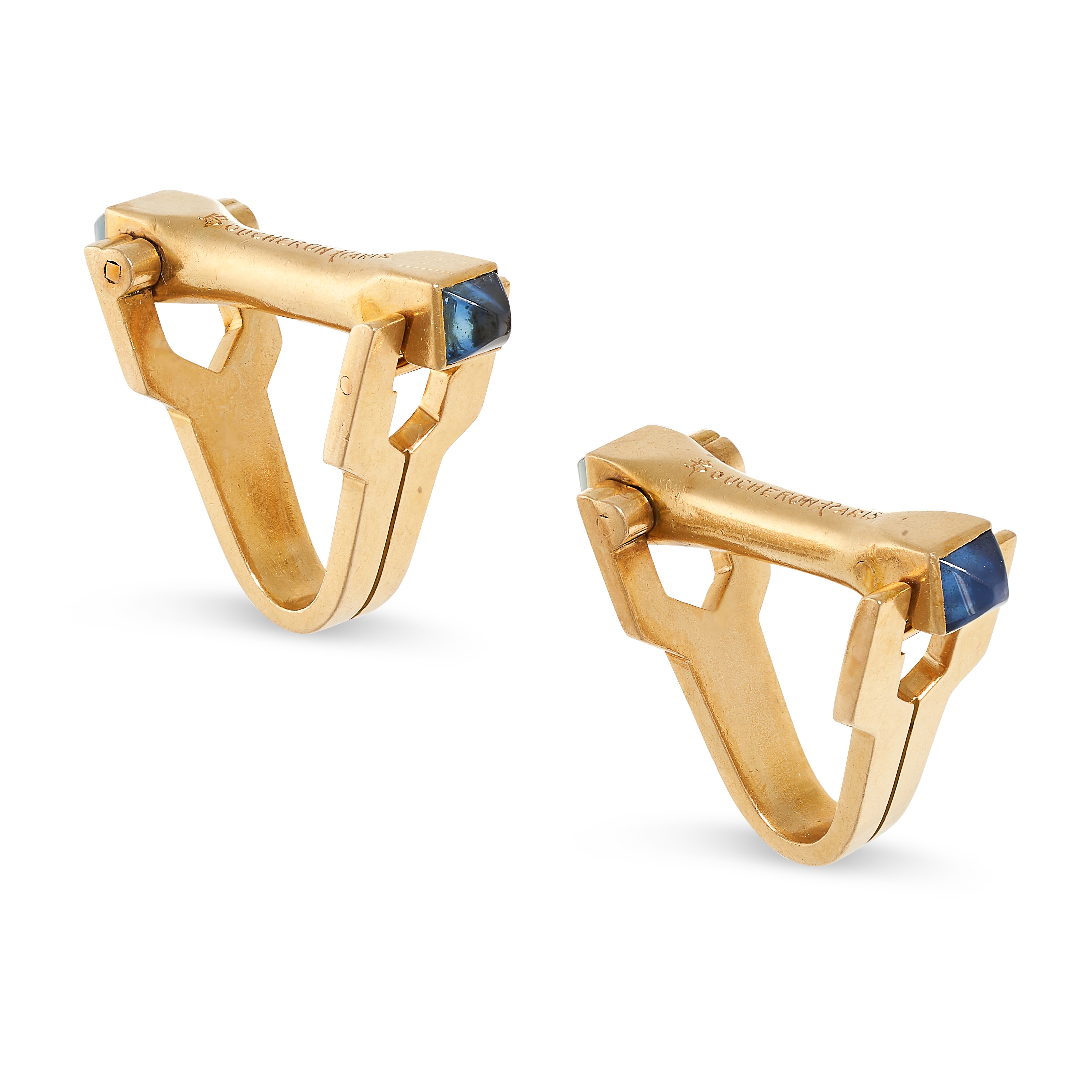 BOUCHERON, A PAIR OF VINTAGE SAPPHIRE STIRRUP CUFFLINKS in 18ct yellow gold, each formed of two