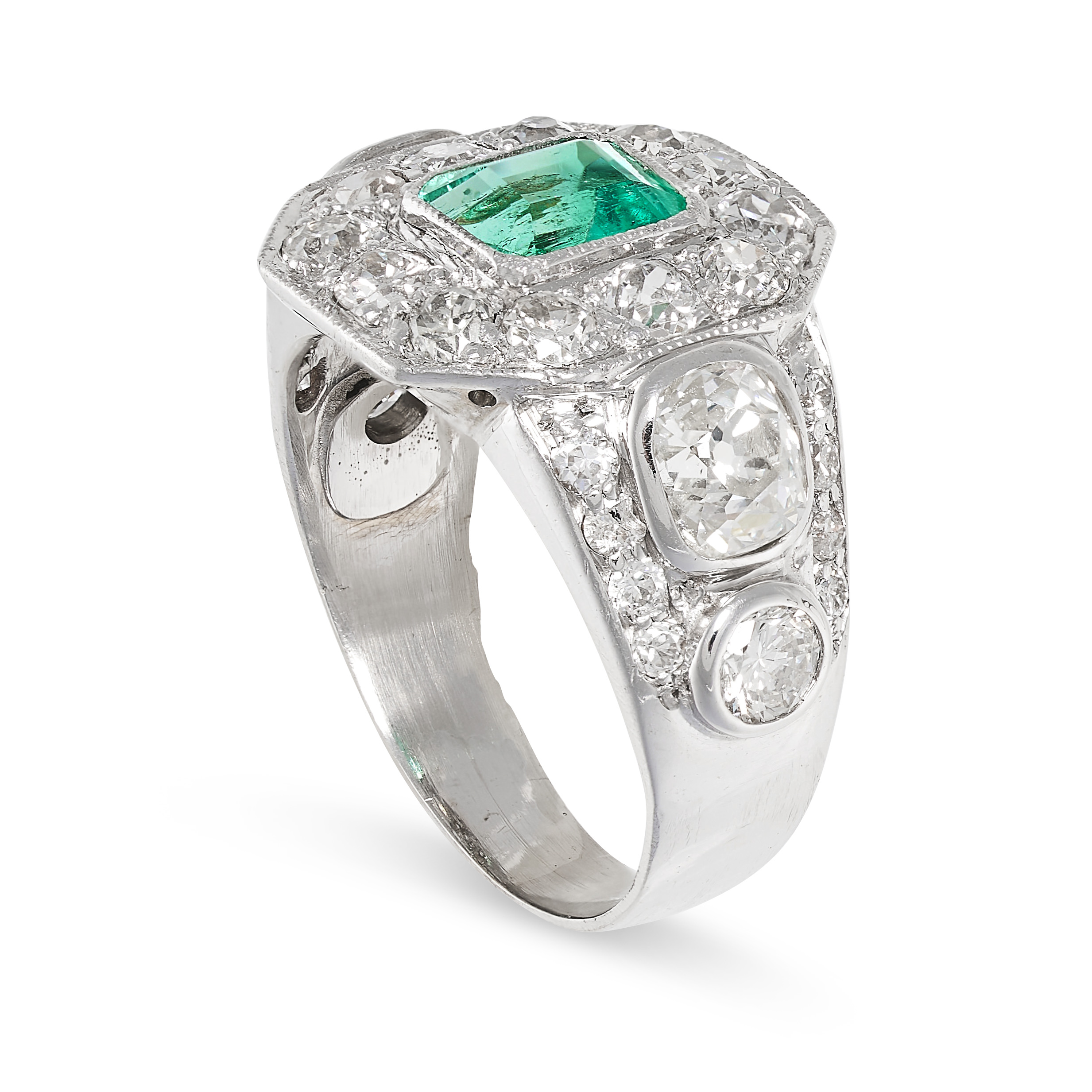 A COLOMBIAN EMERALD AND DIAMOND RING set with a step cut emerald of 1.14 carats in a border of old - Image 2 of 2