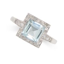 AN AQUAMARINE AND DIAMOND RING the square face set with a step cut aquamarine of 1.24 carats