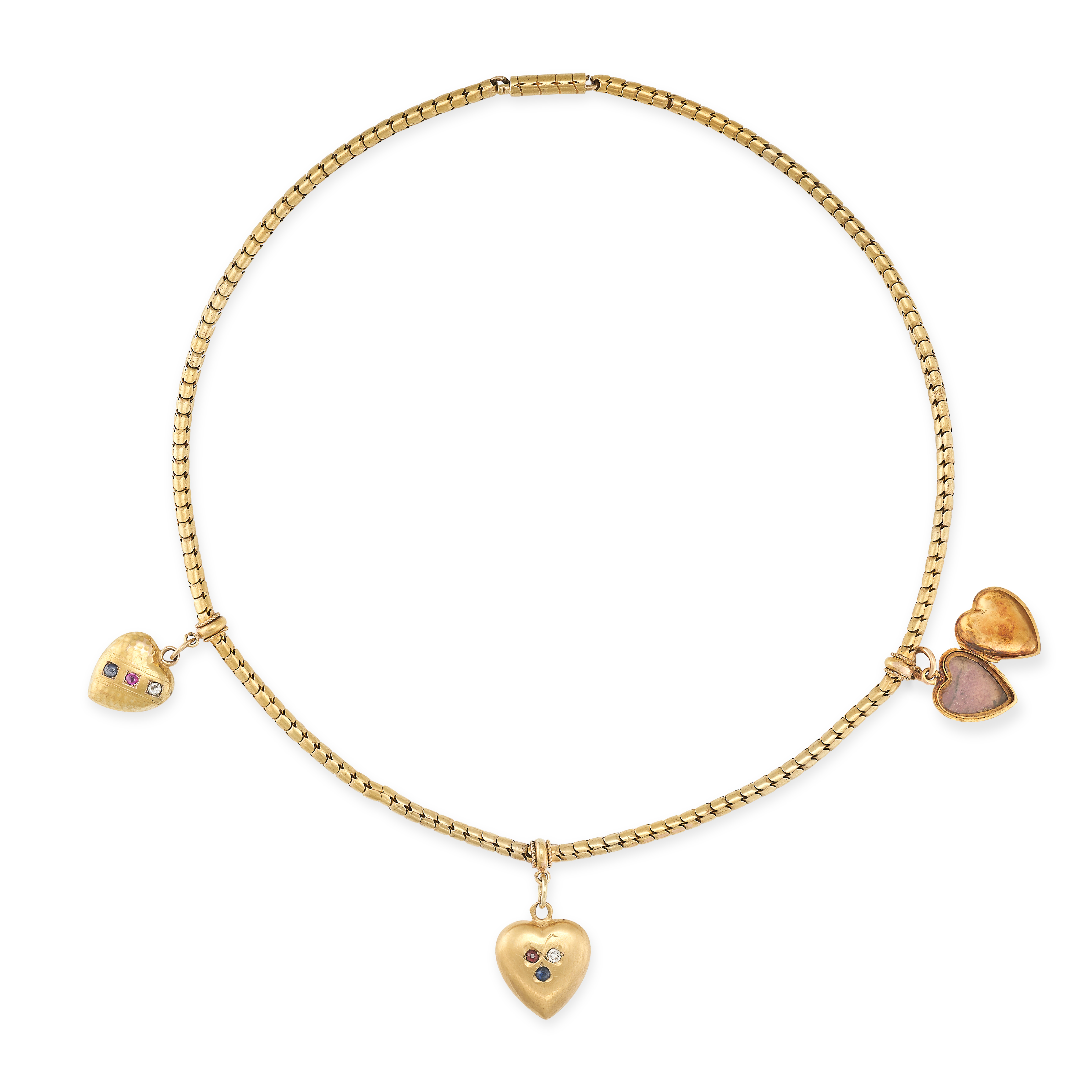 AN ANTIQUE HEART PENDANT / CHARM NECKLACE in yellow gold, comprising a snake link chain with three - Image 2 of 2
