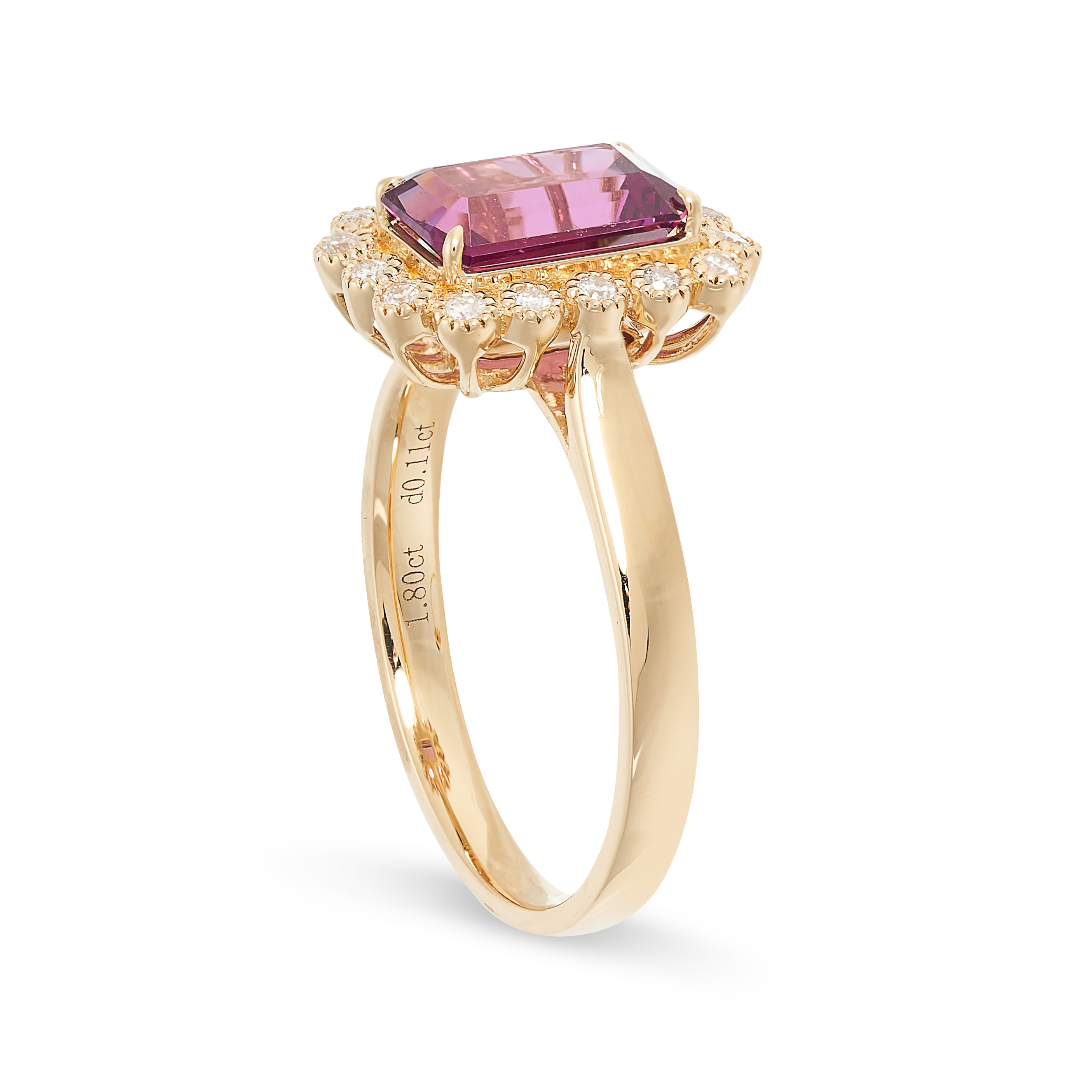 A GARNET AND DIAMOND RING in 18ct gold, set with an emerald cut garnet of 1.80 carats in a border of - Image 2 of 2
