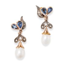 A PAIR OF PEARL, SAPPHIRE AND DIAMOND EARRINGS each set with a drop shaped pearl of 10.7mm and 10.