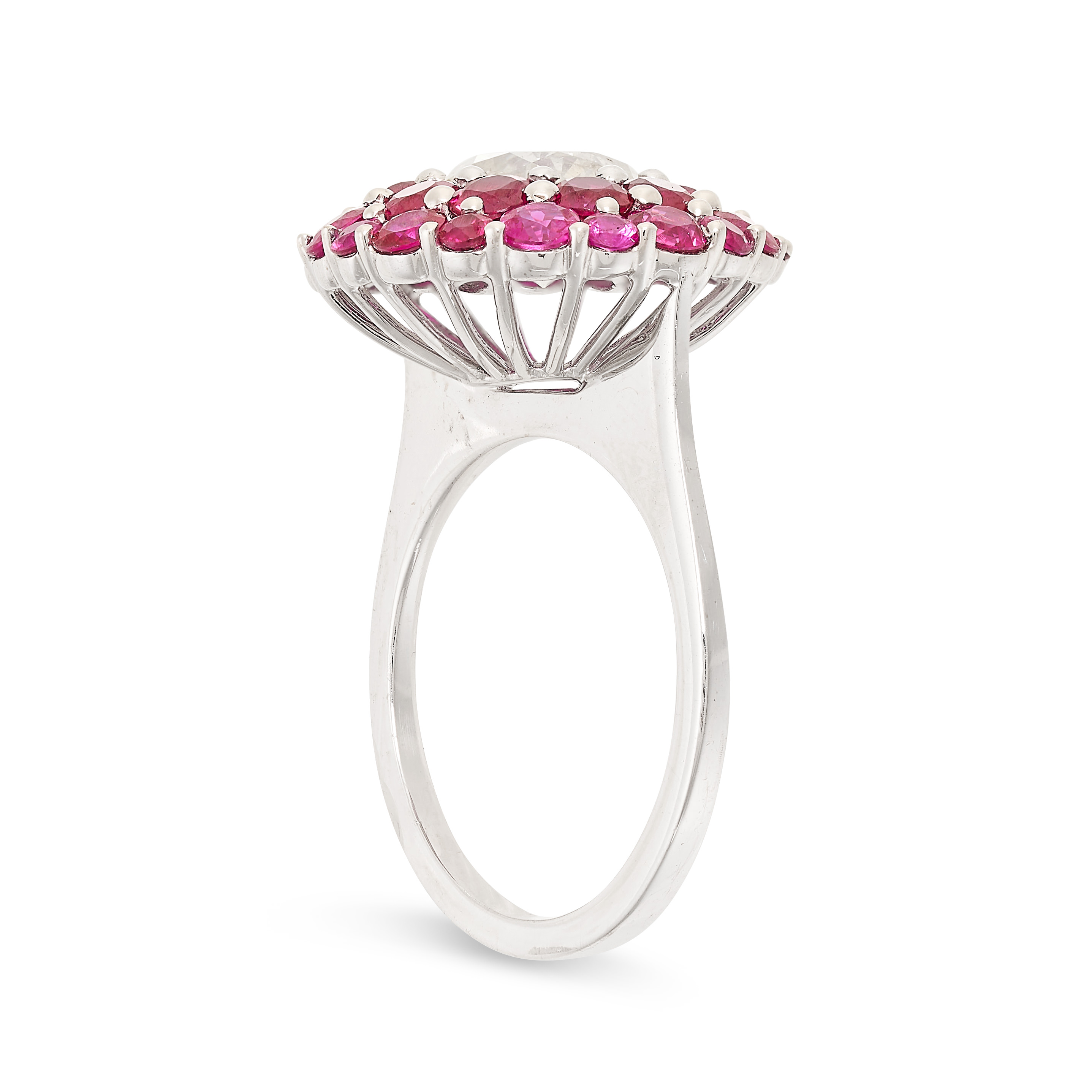 A RUBY AND DIAMOND CLUSTER RING in 18ct white gold, set with a central round brilliant cut diamond - Image 2 of 2