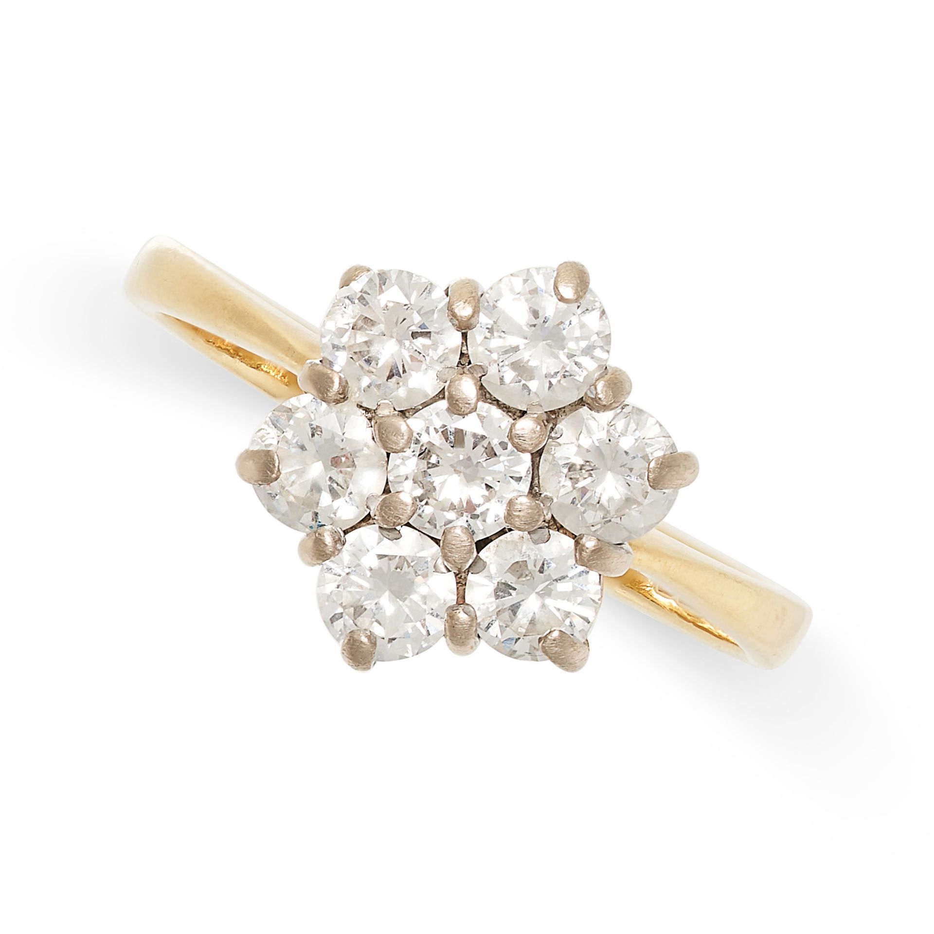 A DIAMOND CLUSTER RING in 18ct yellow gold, set with a cluster of round brilliant cut diamonds,