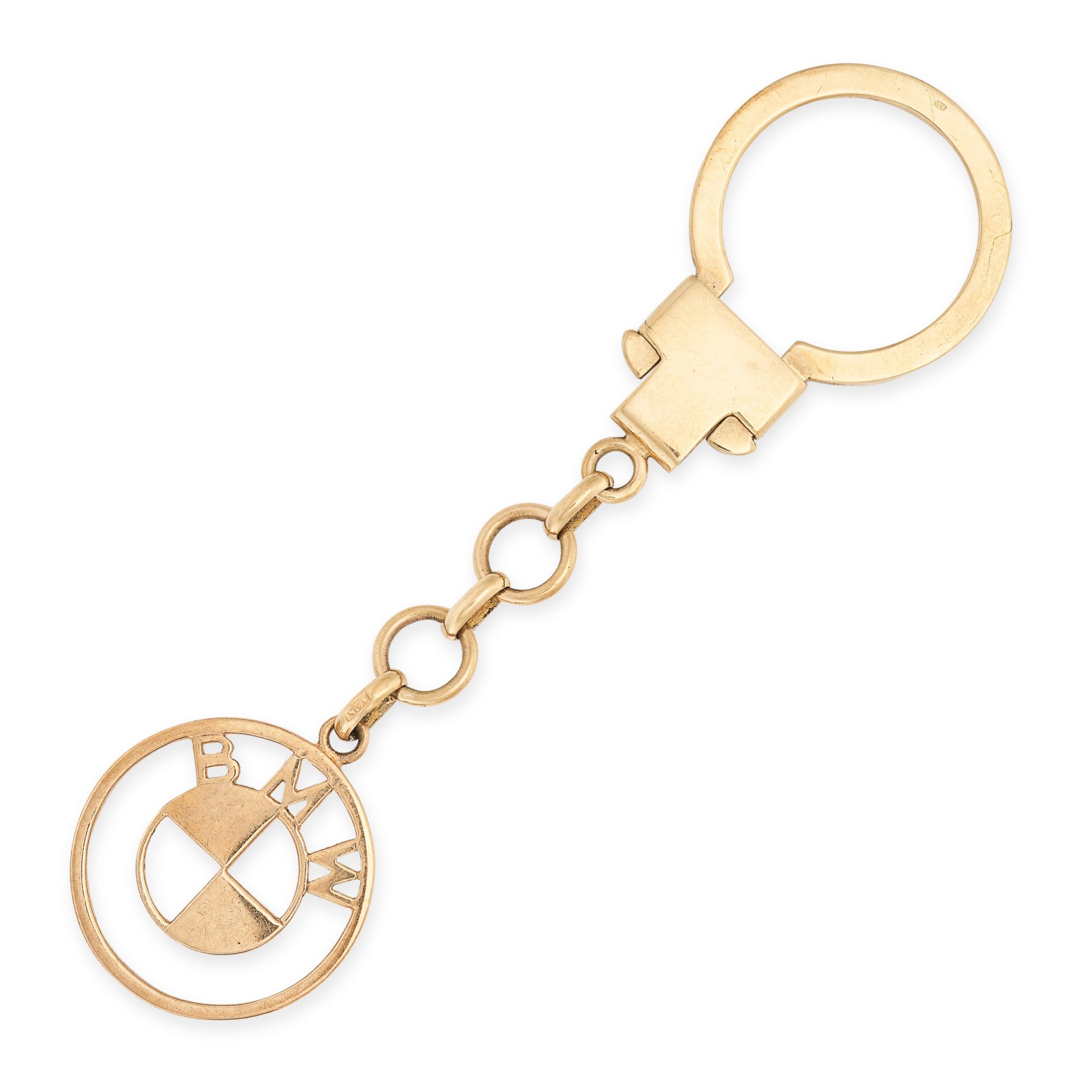 A VINTAGE GOLD BMW KEYRING in 9ct yellow gold, suspending a BMW logo pendant, full British hallmarks