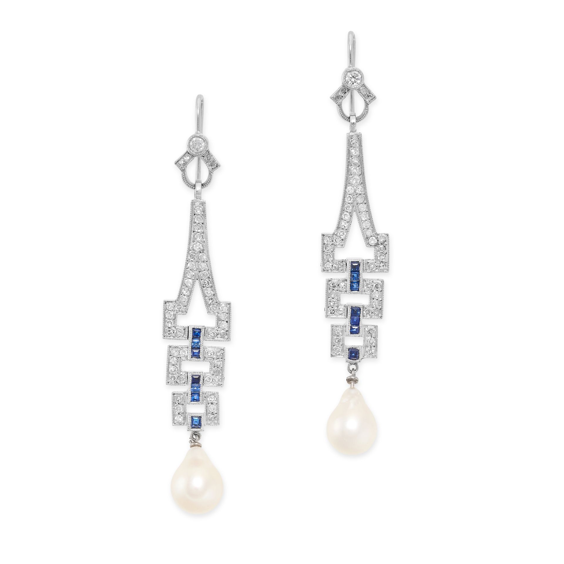 A PAIR OF DIAMOND, SAPPHIRE AND PEARL DROP EARRINGS the geometric bodies set with round brilliant