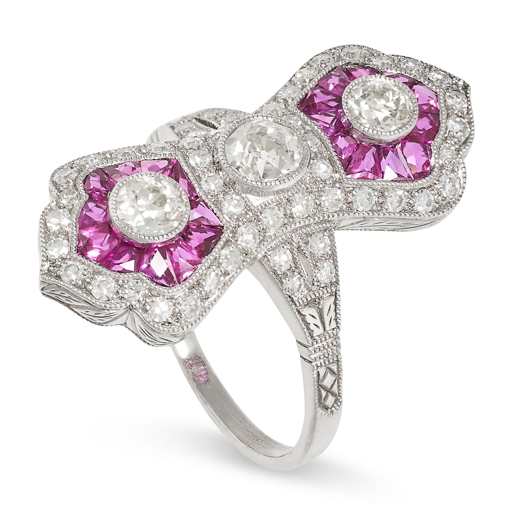 A RUBY AND DIAMOND DRESS RING set with three principal old cut diamonds accented by step cut rubies, - Bild 2 aus 2