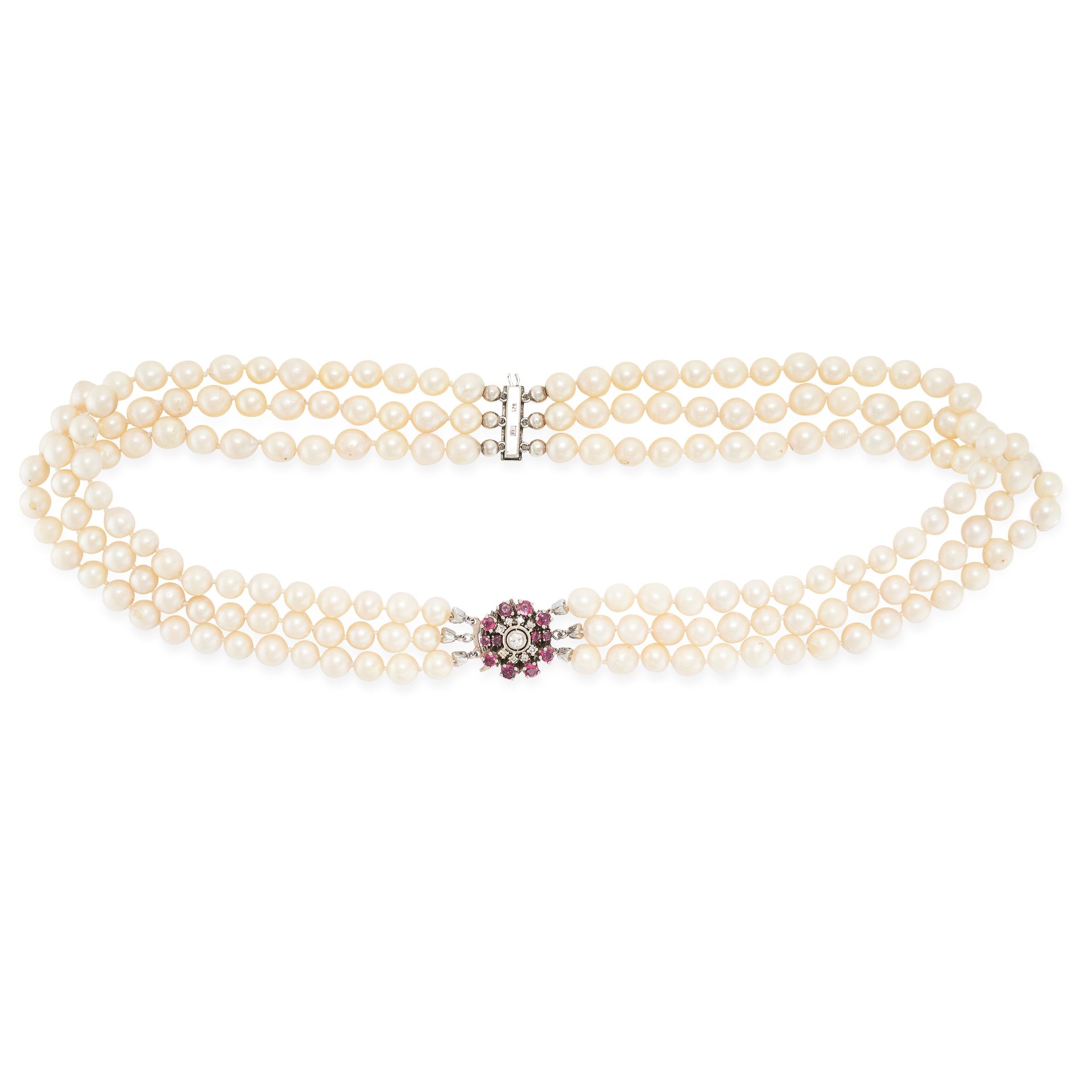 A PEARL, RUBY AND DIAMOND NECKLACE comprising three rows of pearls, the clasp set with a round