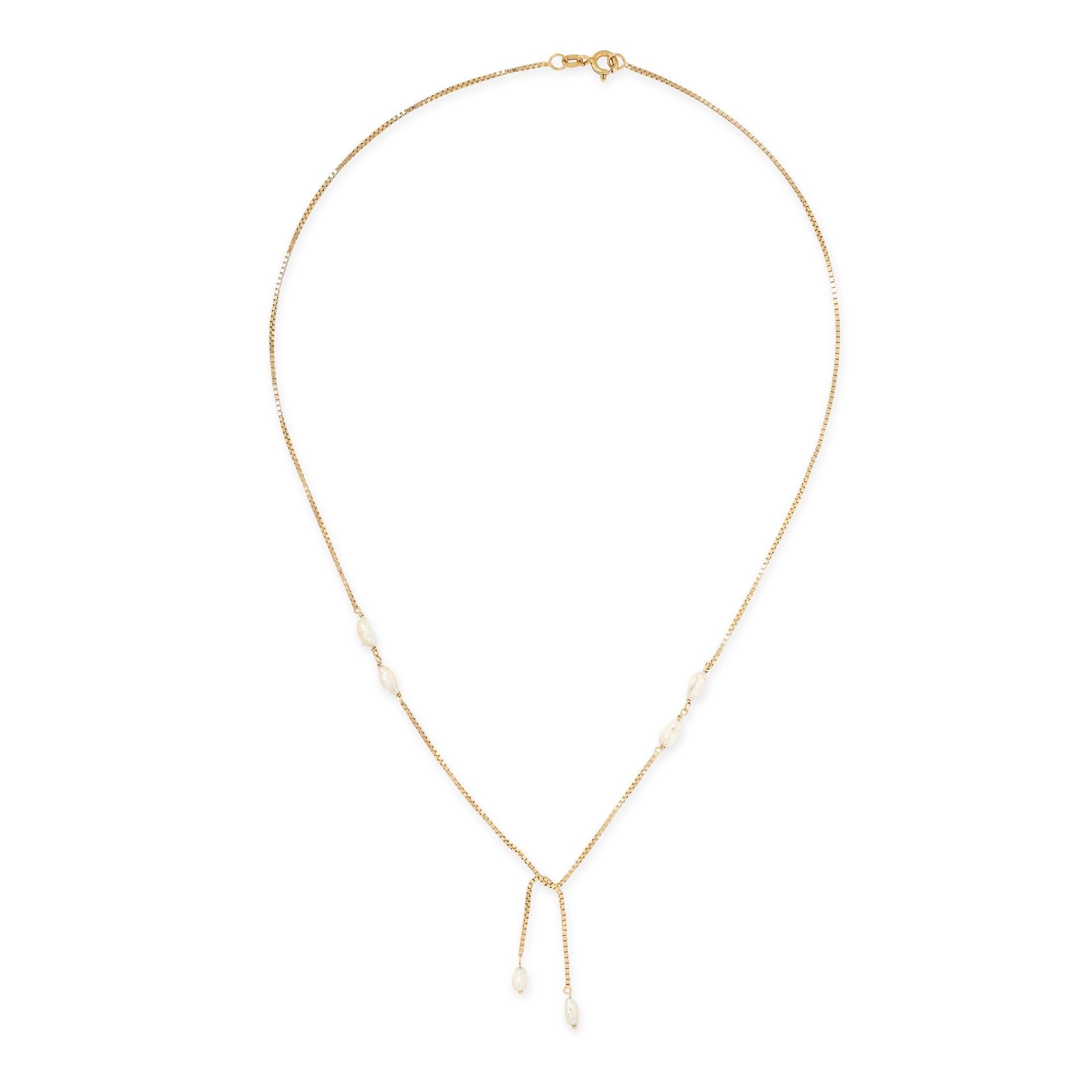 A VINTAGE PEARL NECKLACE in 18ct yellow gold, comprising a box link chain set with pearls, stamped