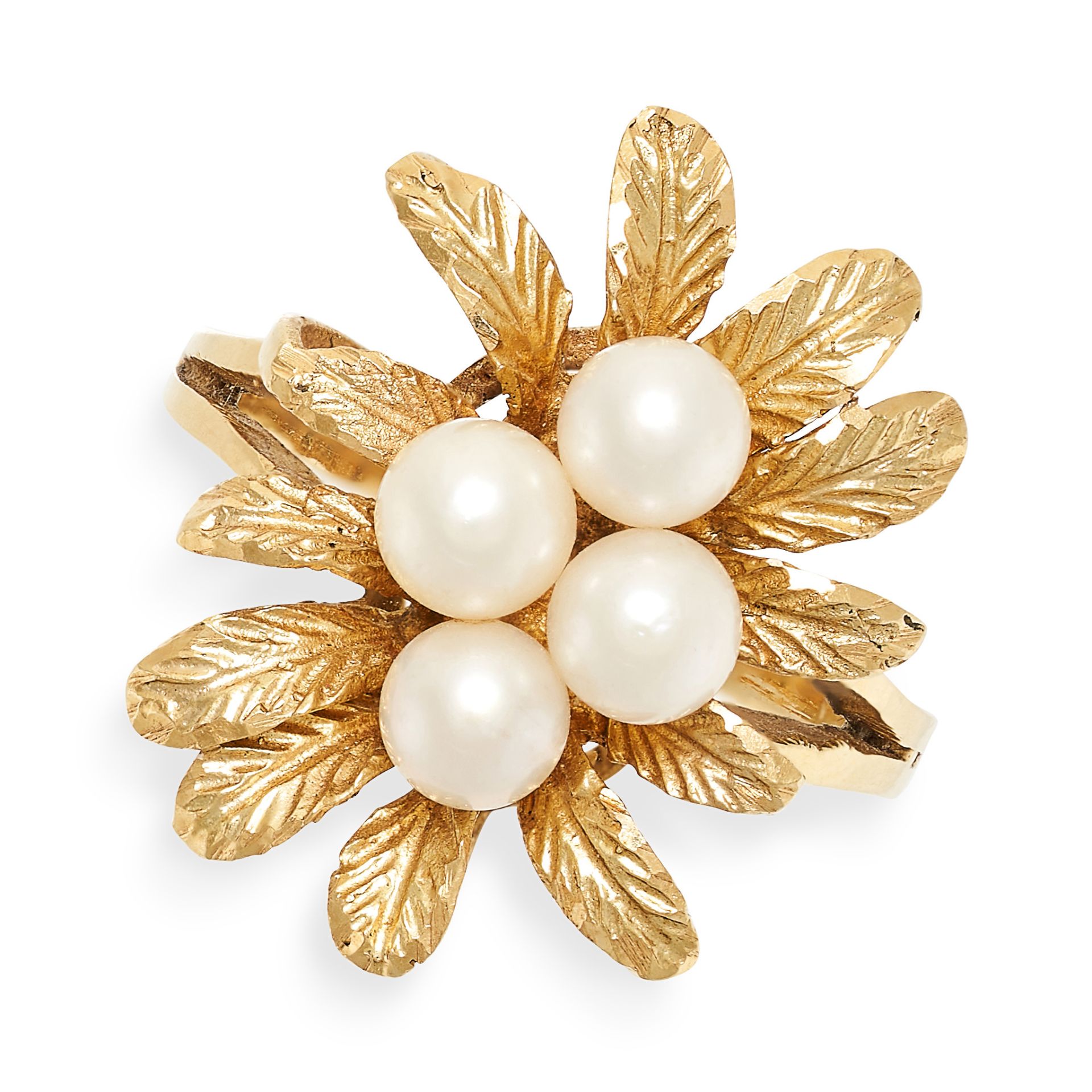 A VINTAGE PEARL RING set with a cluster of pearls accented by gold leaves, no assay marks, size