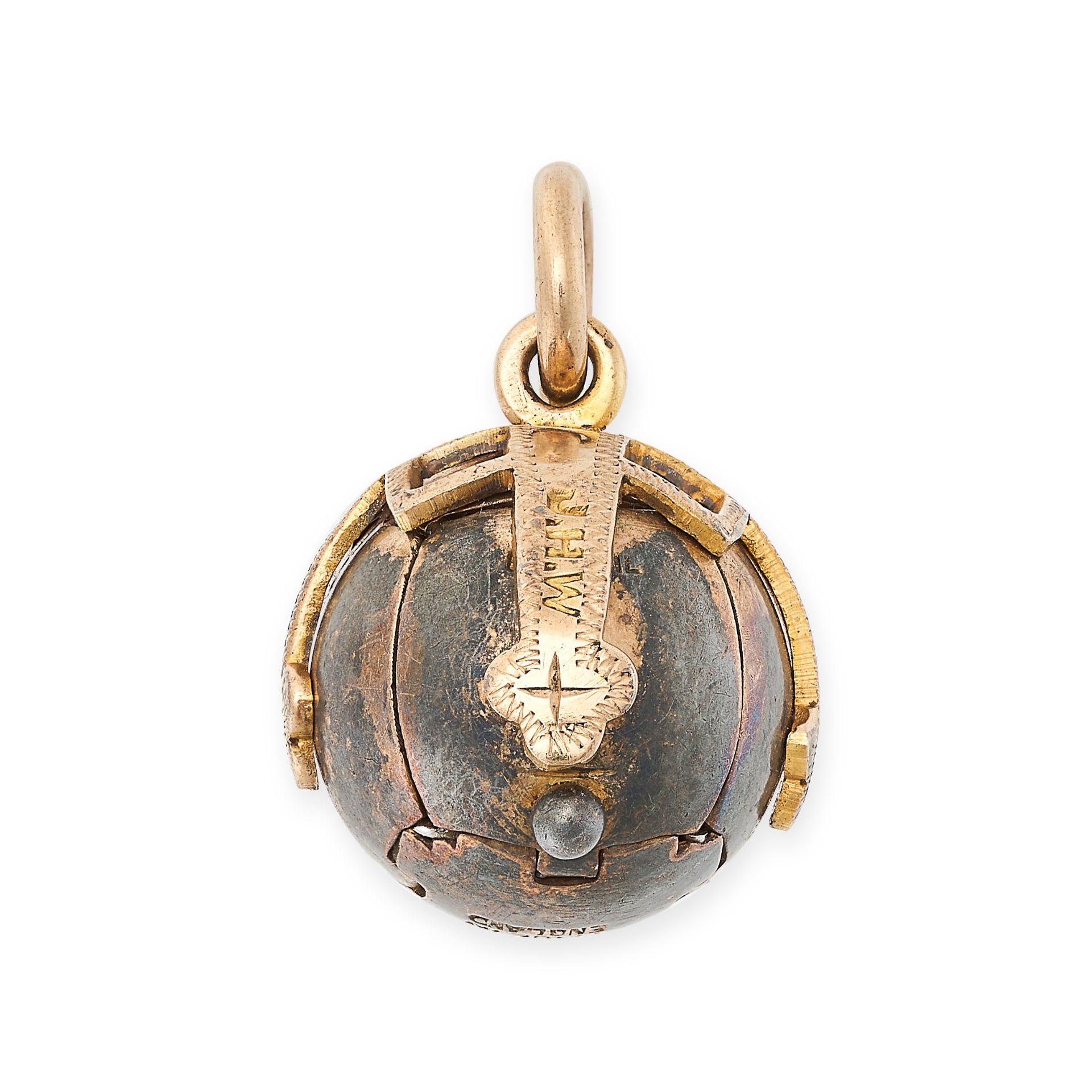 A MASONIC BALL CHARM / PENDANT designed as a ball formed of hinged segments, opening to reveal a