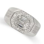 A DIAMOND DRESS RING the chunky band set with a central cluster of tapered baguette and fancy cut