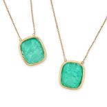 A GREEN GLASS INTAGLIO NECKLACE set with two cushion shaped green glass intaglios on a fine link