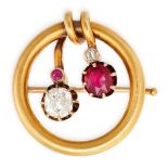 AN ANTIQUE RUSSIAN RUBY AND DIAMOND BROOCH, 19TH CENTURY in yellow gold, the circular body set