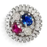 A DIAMOND, RUBY AND SAPPHIRE DRESS RING in 18ct white gold and platinum, set with a central