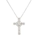 A DIAMOND CROSS PENDANT AND CHAIN set throughout with baguette and round brilliant cut diamonds, all
