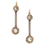 A PAIR OF DIAMOND DROP EARRINGS each comprising a rose cut diamond suspending a diamond set bar