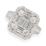 A DIAMOND CLUSTER RING the rectangular face illusion set with round brilliant and baguette cut