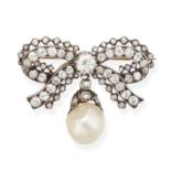 NO RESERVE - AN ANTIQUE DIAMOND AND PEARL BOW BROOCH, 19TH CENTURY in yellow gold and silver,