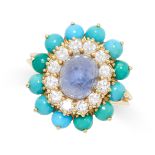 BOUCHERON, A SAPPHIRE, TURQUOISE AND DIAMOND RING set with a central cabochon sapphire in a border