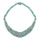 A VINTAGE TURQUOISE, SAPPHIRE AND DIAMOND COLLAR NECKLACE in 18ct yellow gold, the collar necklace