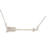 A DIAMOND ARROW PENDANT NECKLACE comprising an arrow shaped jabot pin set with rose cut diamonds,