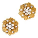 A PAIR OF DIAMOND FLOWER EARRINGS in 18ct yellow gold, the textured petals set with a central