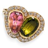 A VINTAGE GREEN AND PINK TOURMALINE AND DIAMOND SWEETHEART RING set with oval cut green tourmaline