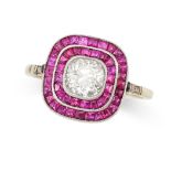 AN ART DECO RUBY AND DIAMOND TARGET RING set to the centre with an old cut diamond of 1.02 carat