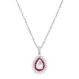 A RUBY AND DIAMOND PENDANT NECKLACE set with a central pear rose cut diamond of 0.82 carats within a