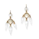 A PAIR OF ROCK CRYSTAL DROP EARRINGS each comprising a faceted rock crystal bead suspending a rose