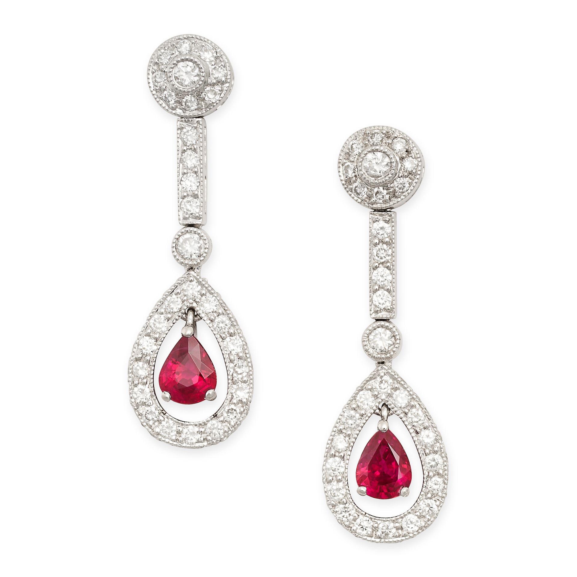 A PAIR OF RUBY AND DIAMOND DROP EARRINGS each set with a pear cut ruby within a border of round
