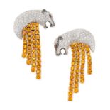 A PAIR OF YELLOW SAPPHIRE, DIAMOND AND RUBY PANTHER EARRINGS each depicting a panther pave set