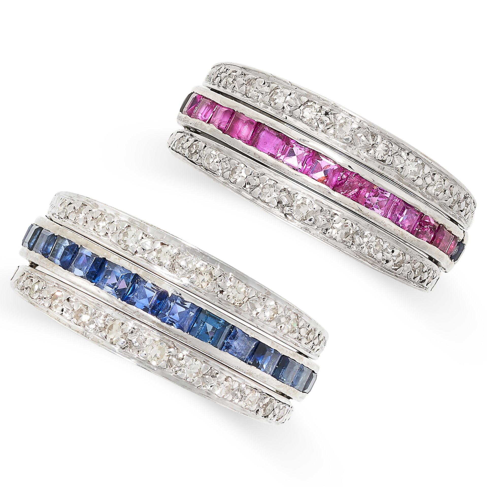 A RUBY, SAPPHIRE AND DIAMOND REVERSIBLE DAY AND NIGHT ETERNITY RING the central band set half way