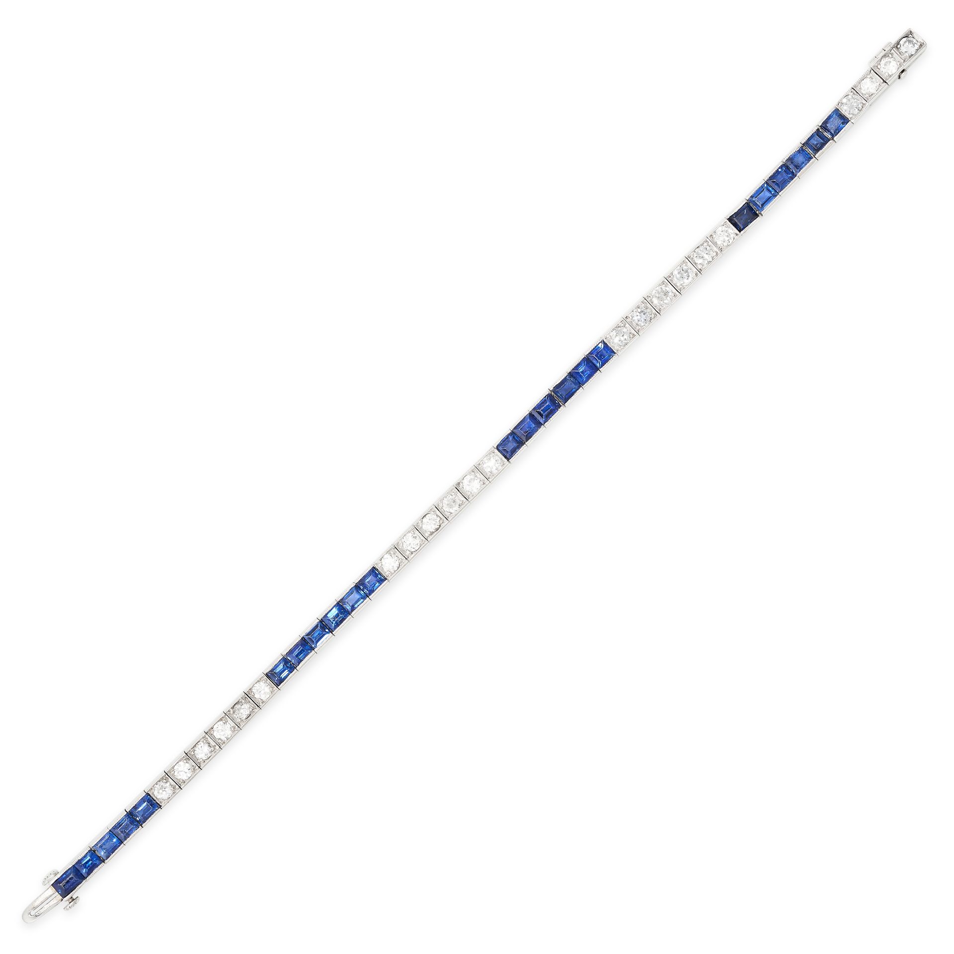 A SAPPHIRE AND DIAMOND LINE BRACELET set with a single row of alternating groups of six round